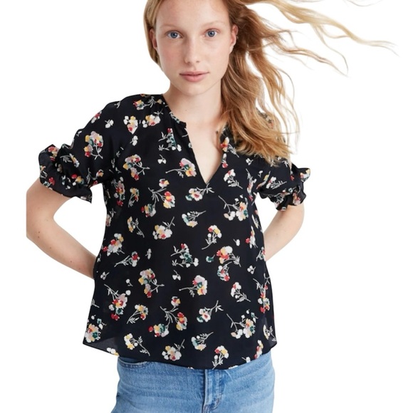 Madewell Tops - Madewell 100% Silk Notched Ruffle Cuff Top Carnation Top Shirt Sleeve Sz XXS
